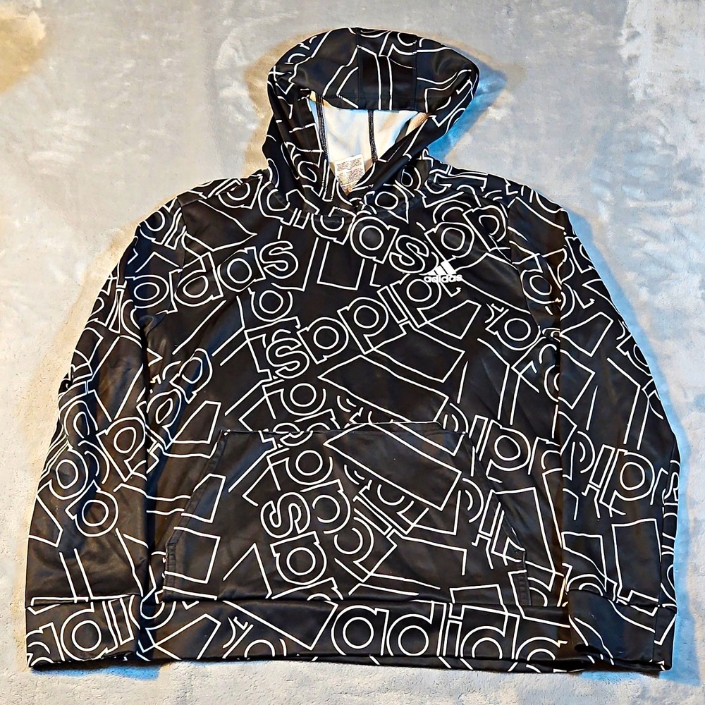 adidas Boys Black/White Pullover Hoodie L Polyester Hooded Pockets Logo